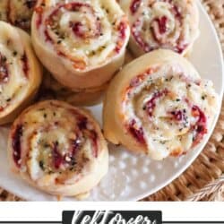 Buns filled with turkey, cranberry sauce and melty white cheese on a white plate.