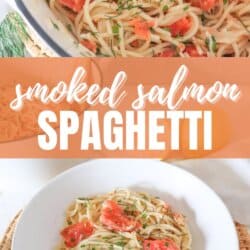 Cooked spaghetti noodles topped with pieces of smoked salmon and garnished with fresh dill in a white bowl.