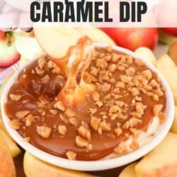 Caramel apple dip with skor bits sprinkled on top in a white bowl.