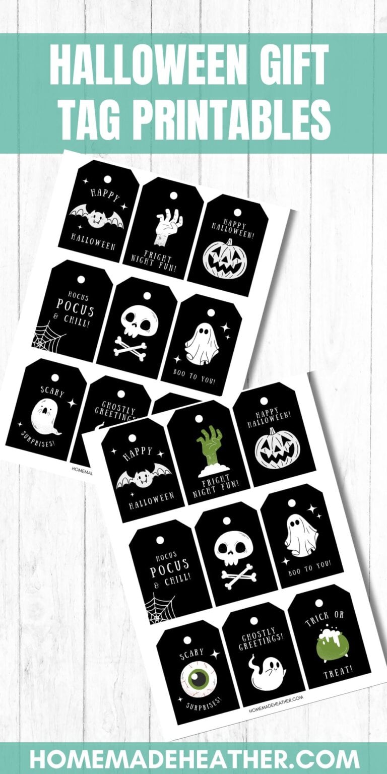 Halloween gift tag printables on a white flat lay.