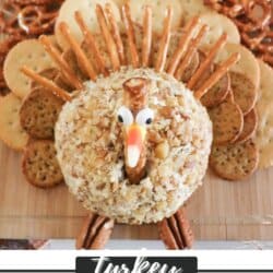 Cheeseball in the shape of a turkey on a wooden cutting board.
