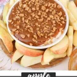 Caramel apple dip with skor bits sprinkled on top in a white bowl.