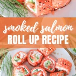 Smoked salmon rolled around cream cheese, cucumbers and avocado and cut into sushi style rolls on a white plate.