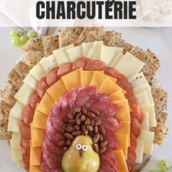 Charcuterie Board in the shape id a turkey with pear body and cheese and cracker feathers.