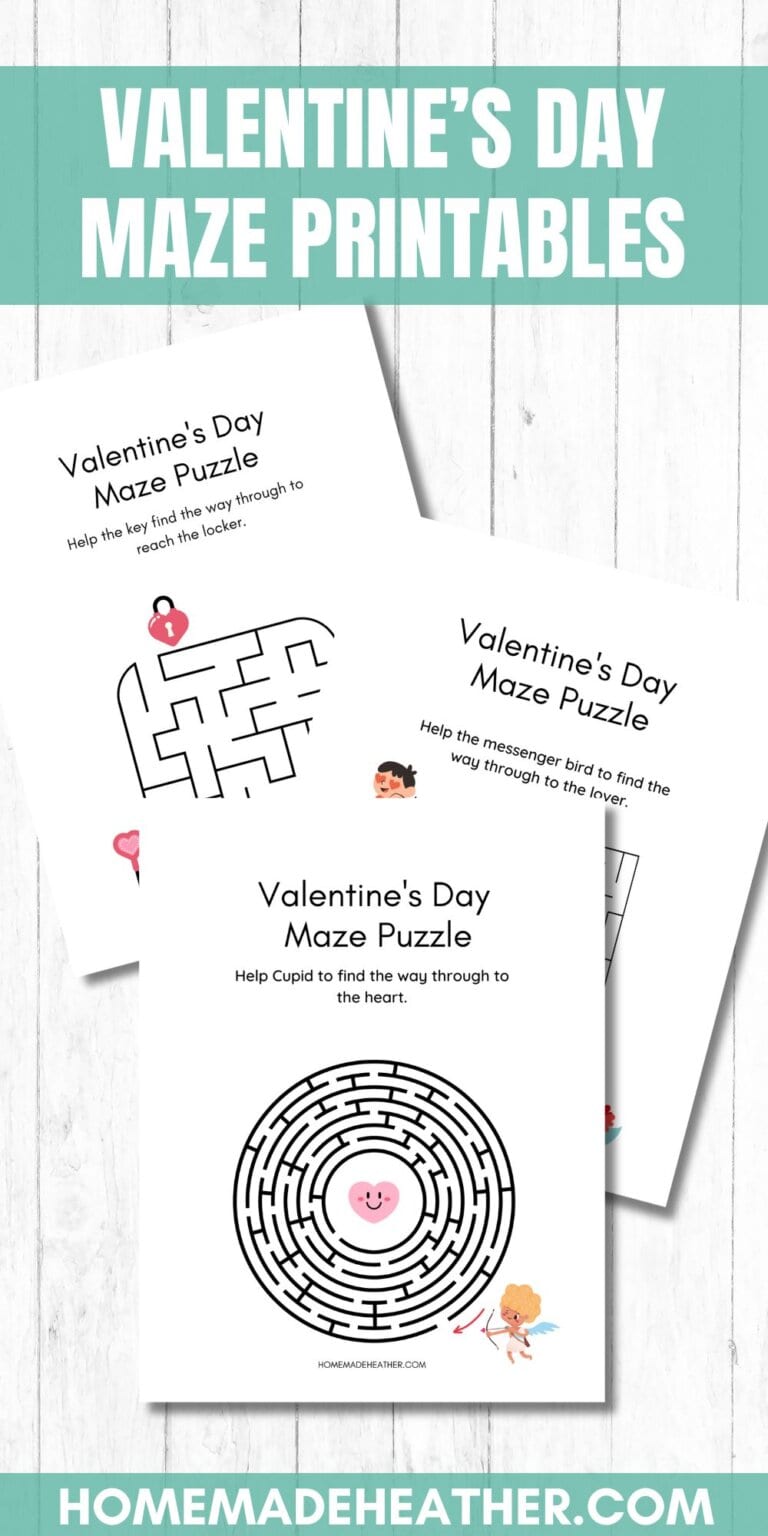 Valentine's Day maze printables on a white flat lay.