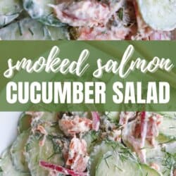 Sliced cucumbers with pieces of smoked salmon and pickled onions covered in a creamy dill sauce in a white bowl.