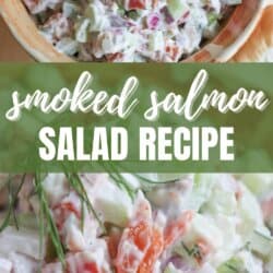Diced celery, red onion and smoked salmon covered in creamy white mayonnaise in a clay bowl with a sprig of fresh dill on top.