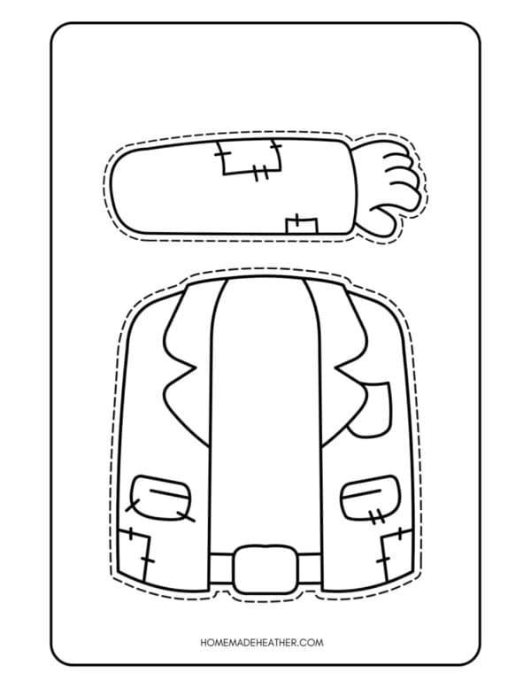 Printables to build Frankenstein on a white flat lay.