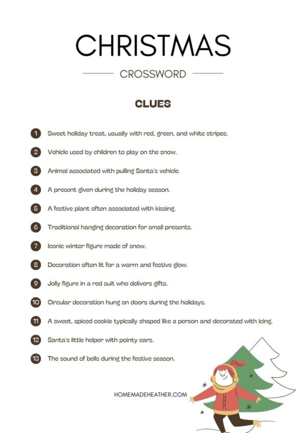 Christmas crossword printables on a white flat lay.