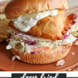 Fried fish filet on a brioche bun with coleslaw and tartar sauce on an orange plate.
