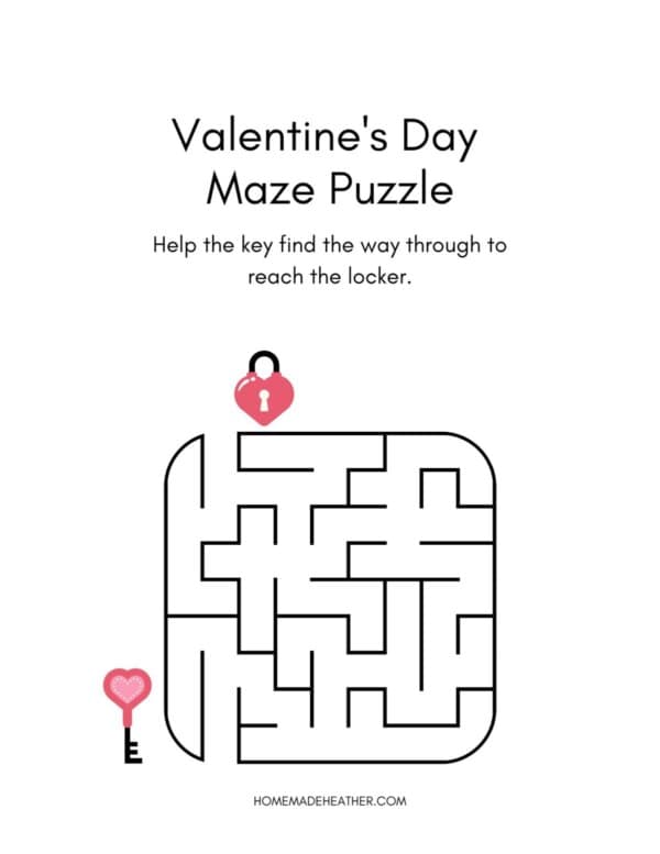 Valentine's Day maze printables on a white flat lay.