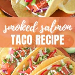 Corn tortillas on an orange plate filled with smoked salmon and diced vegetables drizzled in crema.