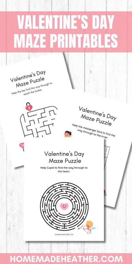 nature printable bingo sheets Valentine's Day maze printables on a white flat lay.