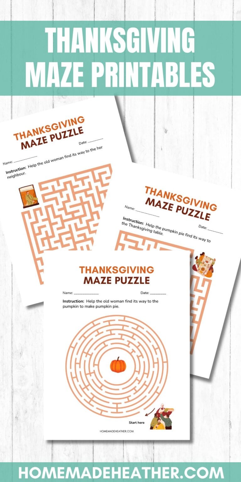 Thanksgiving maze printables on a white flat lay.