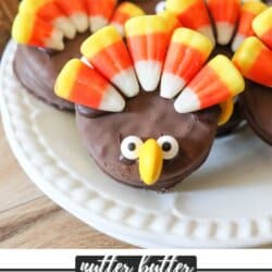 Round nutter butter chocolate covered cookie with candy corn feathers, candy eyes and an m&m beak.