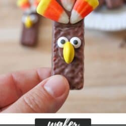 Wafer chocolate covered cookie with candy corn feathers, candy eyes and an m&m beak.