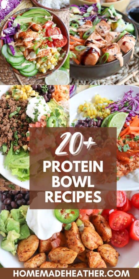 Compilation of protein bowls with a text overlay.