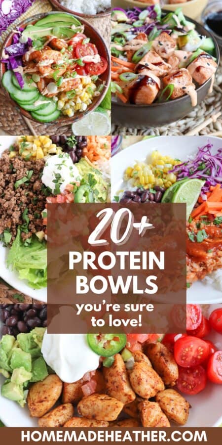 Compilation of protein bowls with a text overlay.