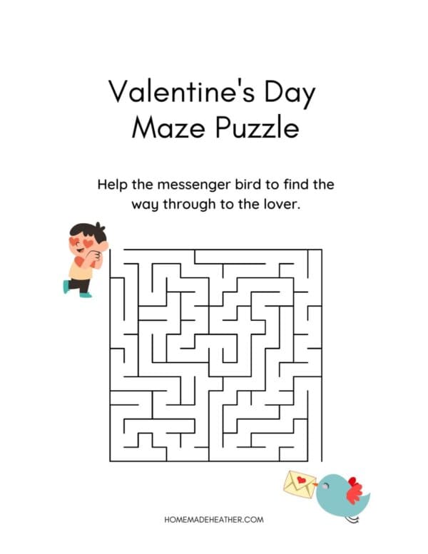 Valentine's Day maze printables on a white flat lay.