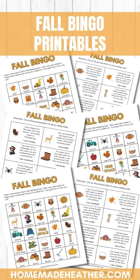 Fall bingo printables on a white flat lay.