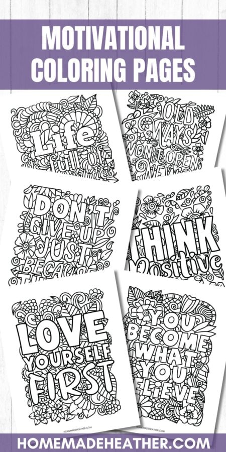 Six motivational quote flower coloring pages.