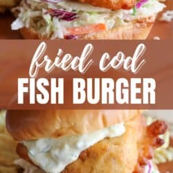 Fried fish filet on a brioche bun with coleslaw and tartar sauce on an orange plate.