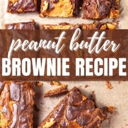 Chocolatey brownies with peanut butter swirls, cut into squares on parchment paper.