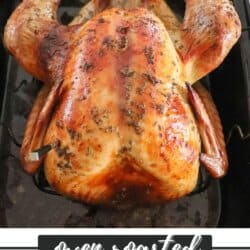Whole turkey browned and resting in a black roasting pan.