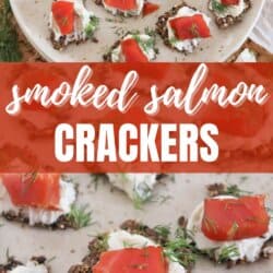 Crackers with cream cheese and pieces of salmon garnished with fresh dill on a cream plate.