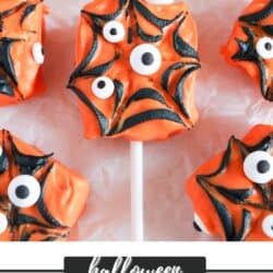 Rice krispie squares covered in orange chocolate with black icing spiderweb and candy eyes.