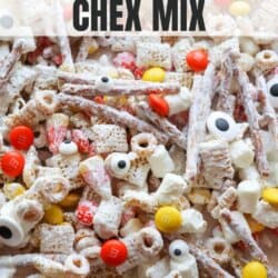 Pretzels, cheerios and chex covered in white chocolate with candy eyes, candy corn and M&Ms.
