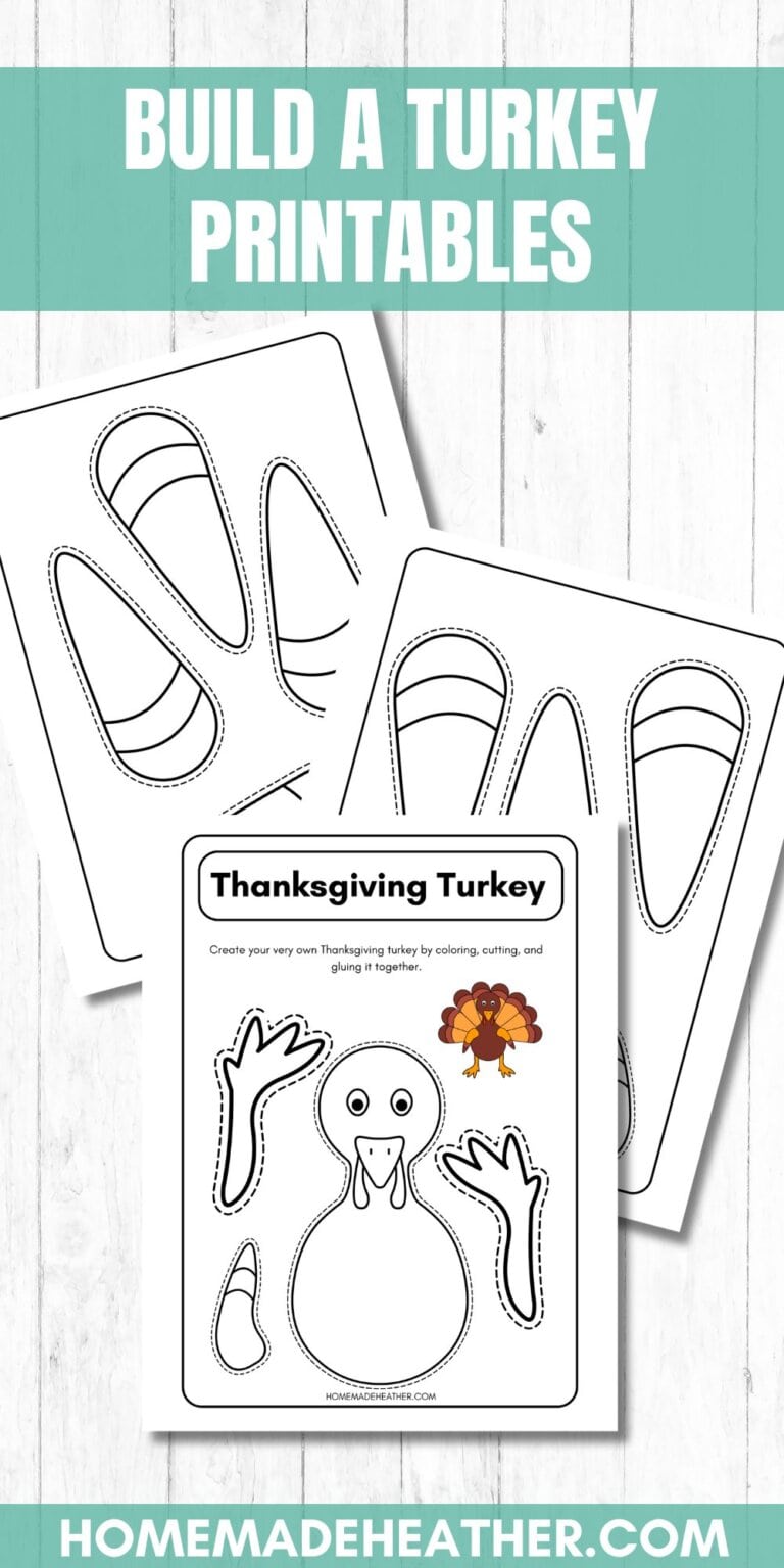 Printables to build a turkey on a white flat lay.