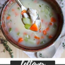 Cubes of celery, carrot and turkey with broth on a spoon and a bowl of soup in the background.