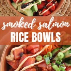 A colorful bowl filled with smoked salmon, shredded carrots, cucumber slices, cherry tomatoes, avocado, green onions, and drizzled with sauces, creating a visually appetizing and healthy dish.