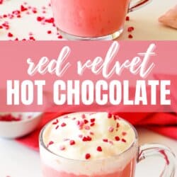 Red velvet hot chocolate in a clear mug topped with whipped cream and sprinkles.