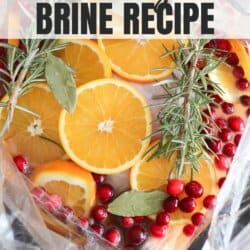 Whole turkey in bag covered in a brine of vinegar with sliced oranges, cranberries and herbs.