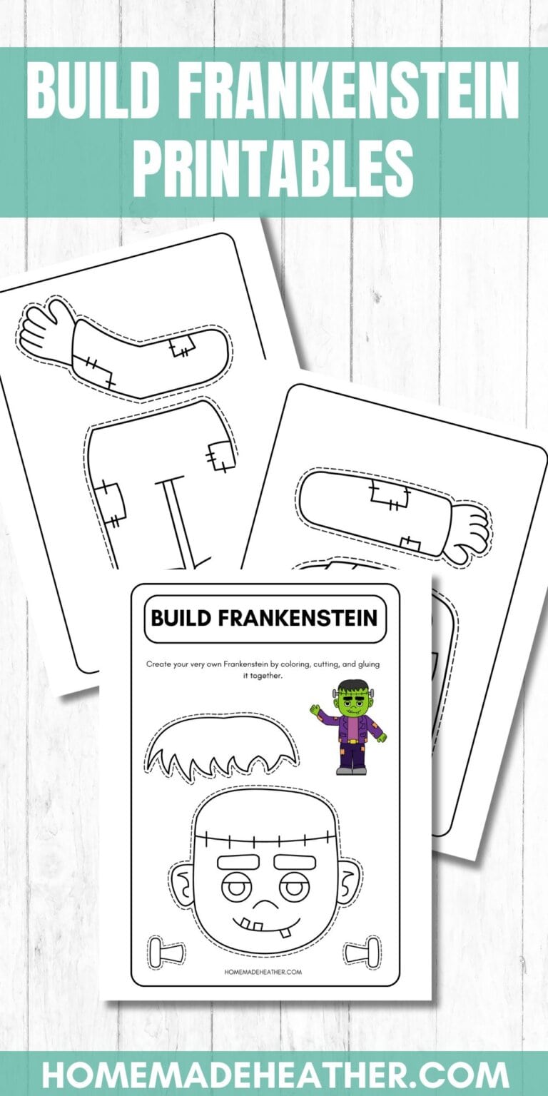 Printables to build Frankenstein on a white flat lay.