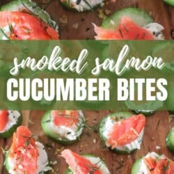 Small rounds of cucumber slices topped with cream cheese, smoked salmon and garnished with fresh dill and lemon zest on a wooden cutting board.