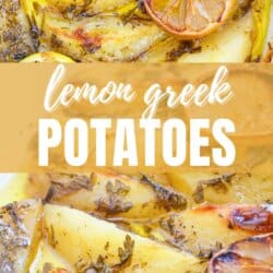 Potato wedges covered in a zesty lemon sauce with herbs in a white casserole dish.