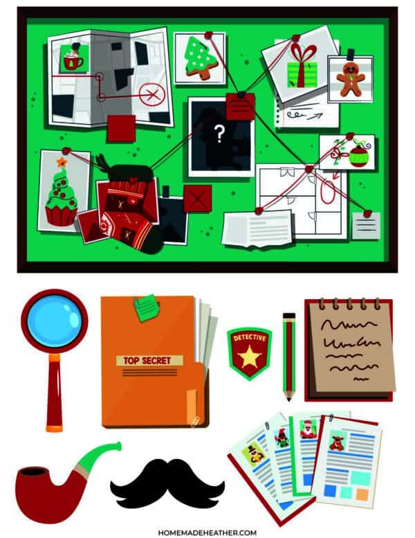 Elf on the Shelf detective printables on a white flat lay.