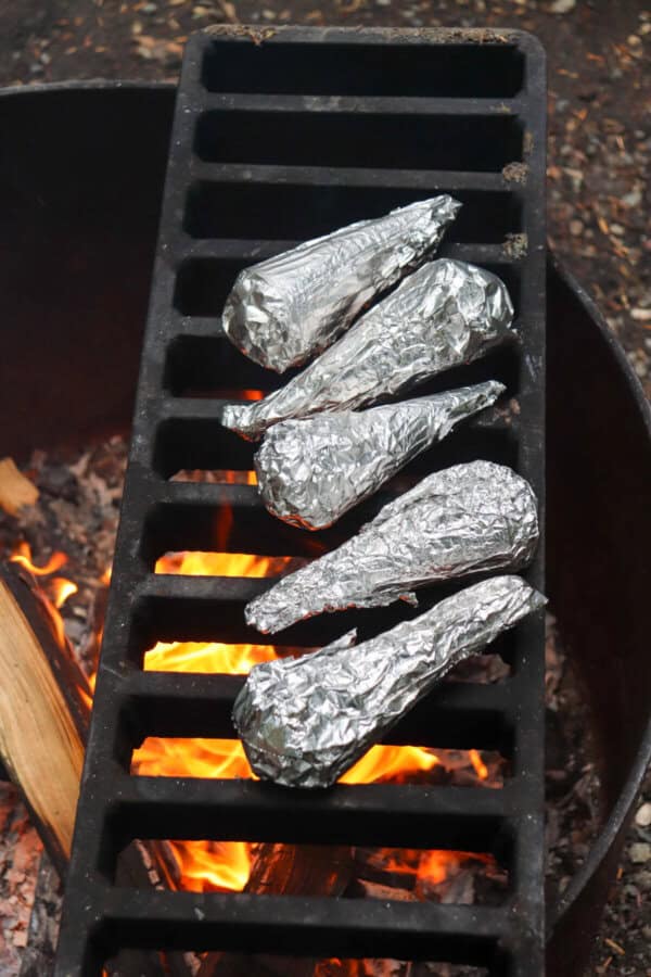 Five sugar cones wrapped in foil on the grate of a campfire.