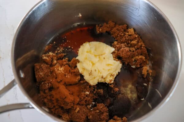 Butter, maple syrup and spices in a sauce pan.
