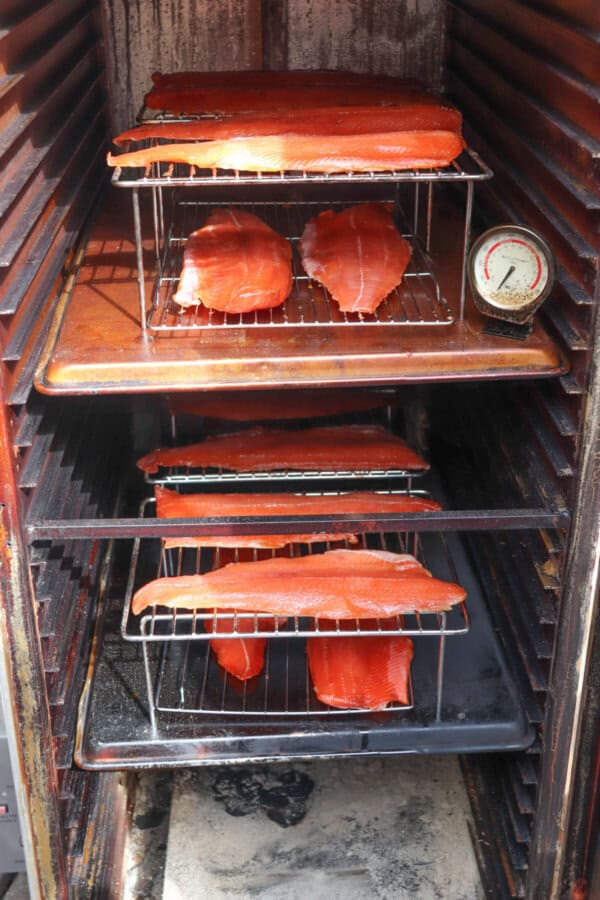 Salmon fillets on wire racks in a vertical smoker.