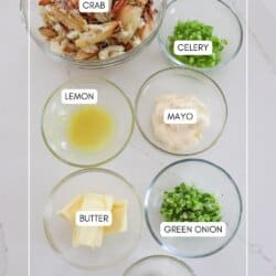 Clear glass bowls with crab roll ingredients on a white surface.