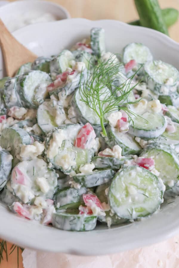Close up of sliced cucumbers in tzatziki sauce with diced pickled onions and dill in a white bowl.