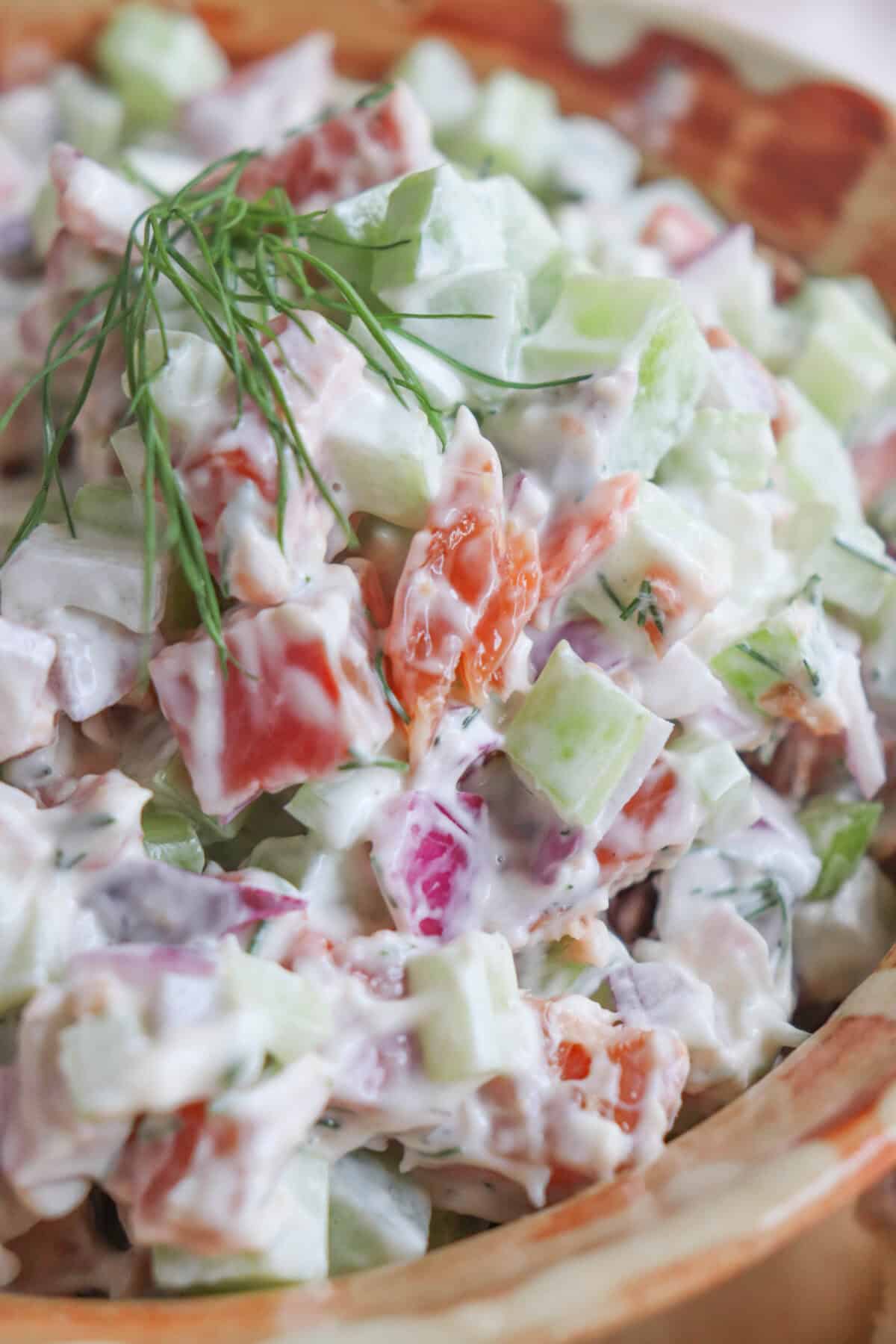 Close up of diced celery, red onion and smoked salmon covered in creamy white mayonnaise in a clay bowl with a sprig of fresh dill on top.