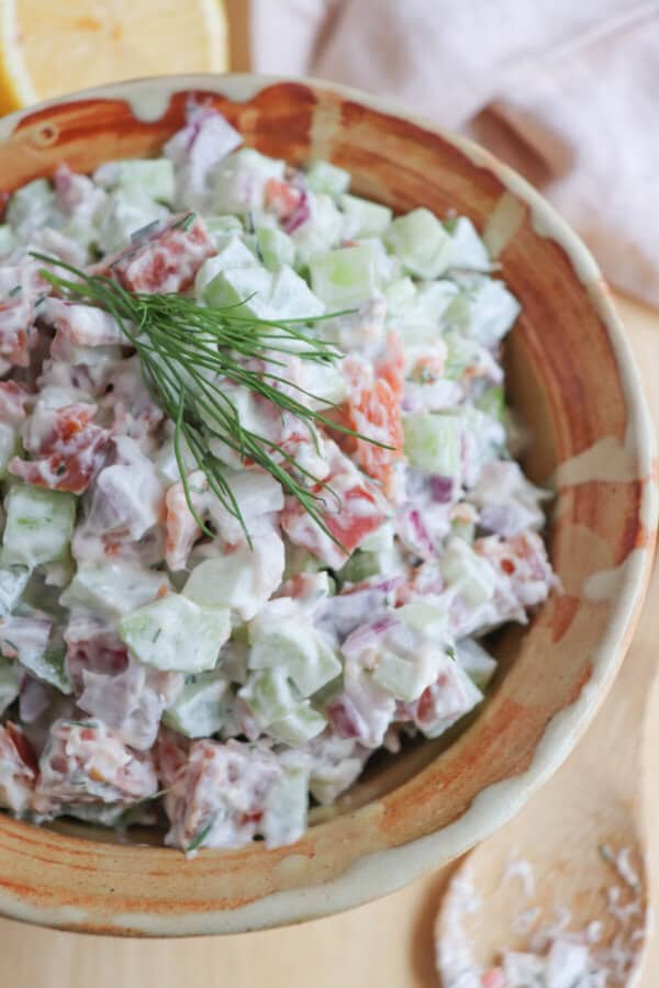  Diced celery, red onion and smoked salmon covered in creamy white mayonnaise in a clay bowl with a sprig of fresh dill on top.