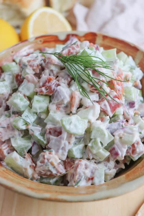 Diced celery, red onion and smoked salmon covered in creamy white mayonnaise in a clay bowl with a sprig of fresh dill on top.