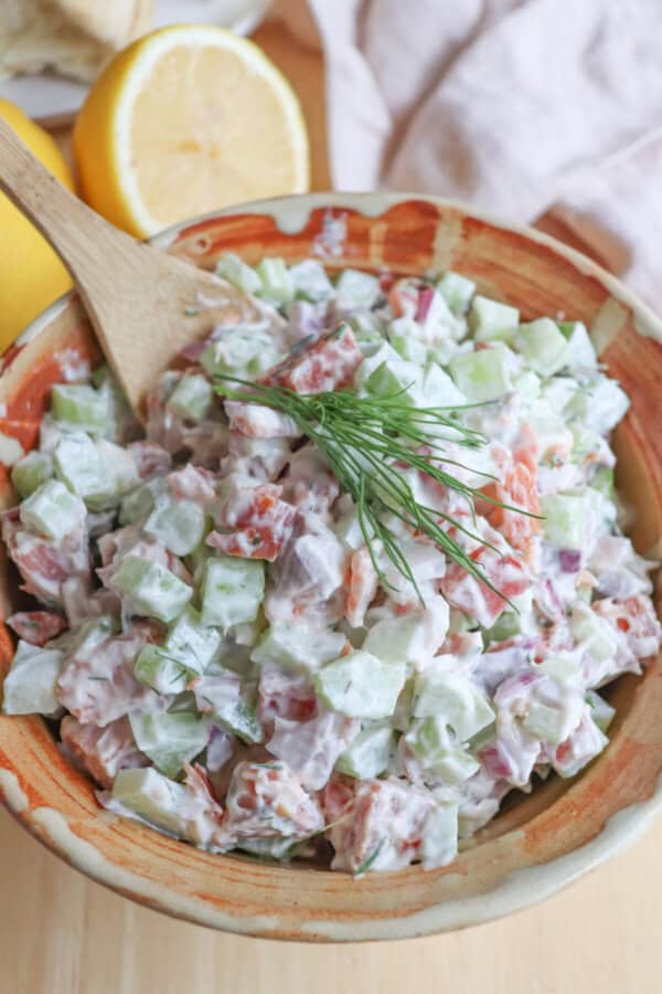 Diced celery, red onion and smoked salmon covered in creamy white mayonnaise in a clay bowl with a sprig of fresh dill on top.