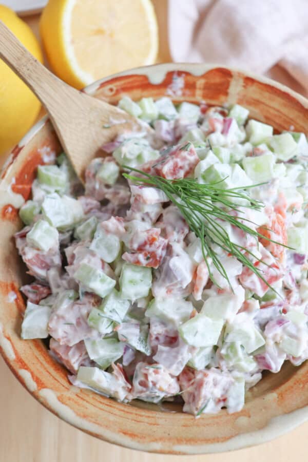 Diced celery, red onion and smoked salmon covered in creamy white mayonnaise in a clay bowl with a sprig of fresh dill on top.